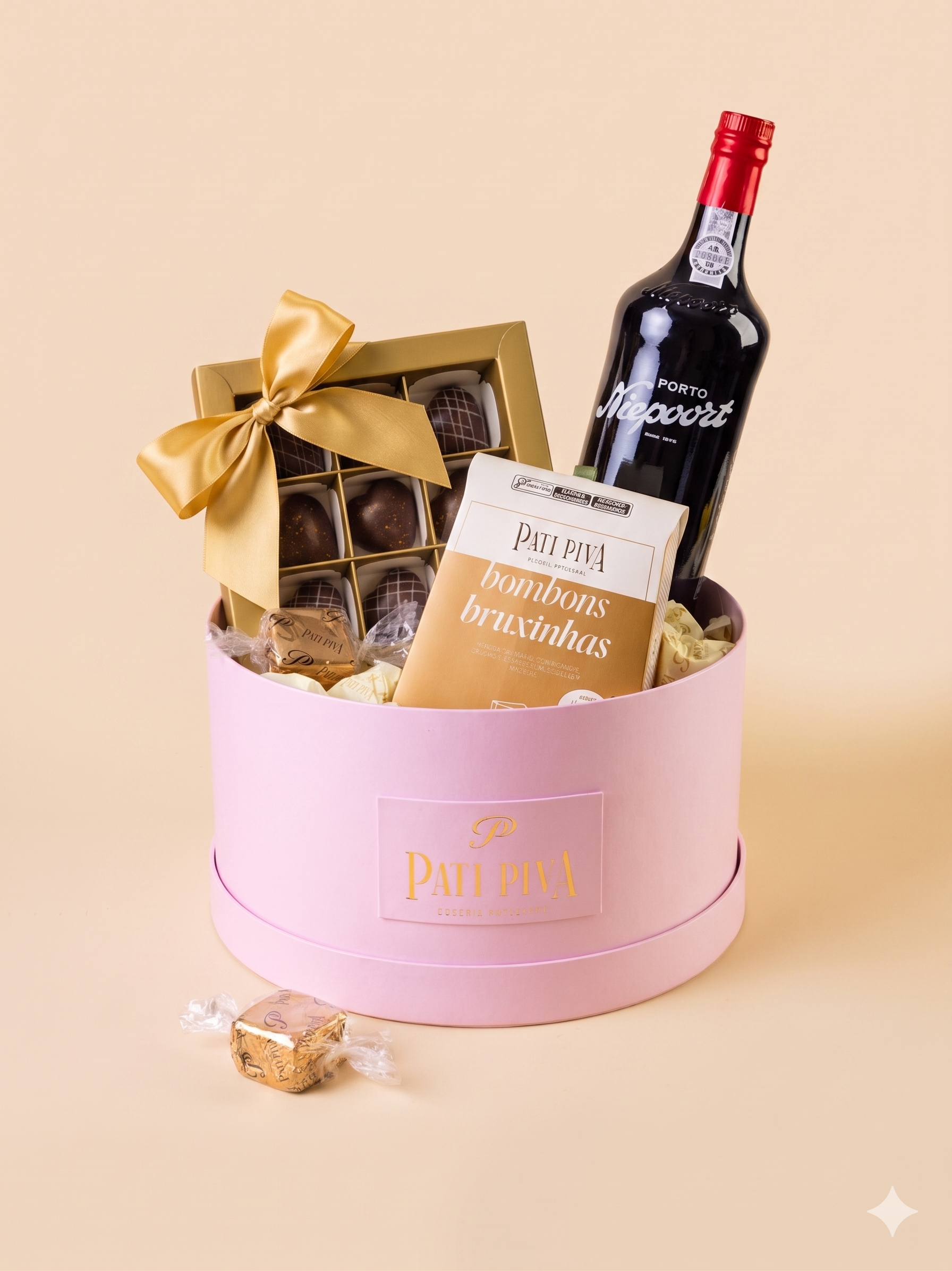 Cesta Rosa com Doces e Vinho - Dia das Mães