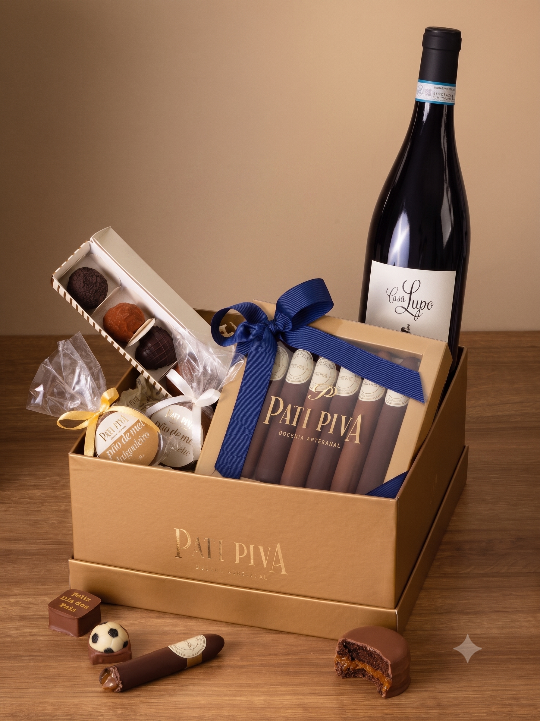 Cesta com Vinho Italiano, Doces e Canudos - Dia do Pais