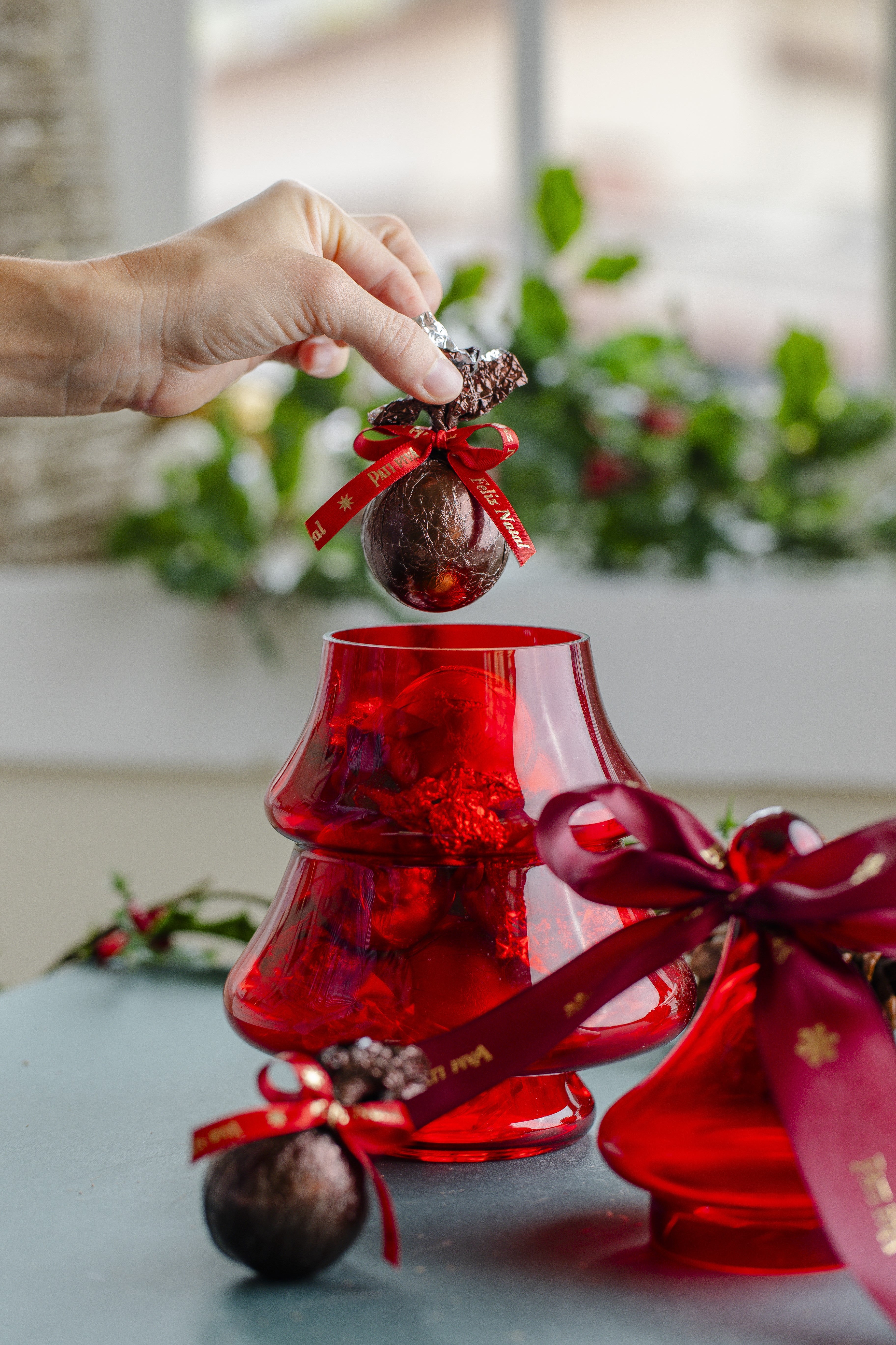 Bomboniere Vermelha Vidro Arvore com Bolas